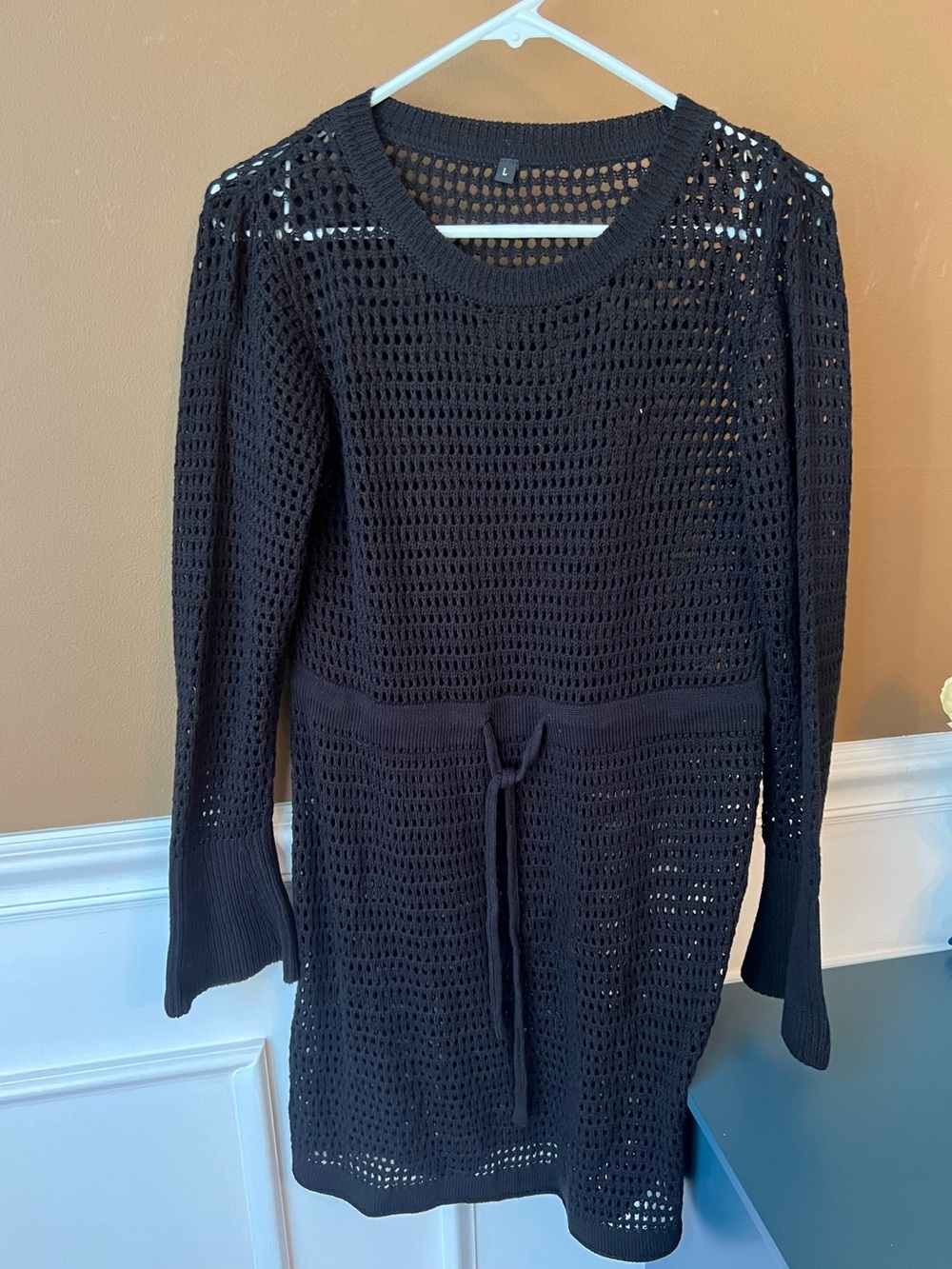 Women’s Black Open-Knit Swim Coverup Waist Tie Crochet Size L Flares Sleeve